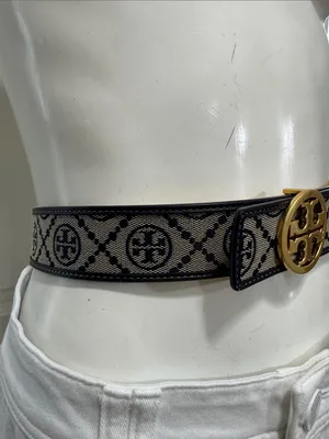 Tory Burch Black and Beige Logo Web Belt with Gold Medallion Buckle Size Small thumbnail 4