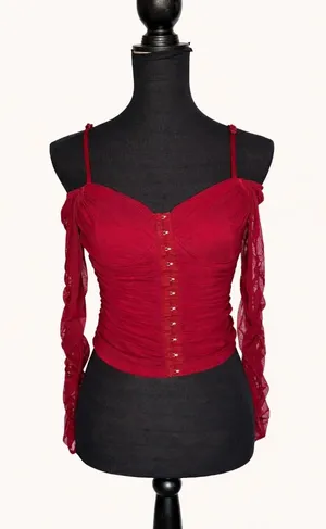 Red Mesh Ruched Corset Top – Size M thumbnail 1