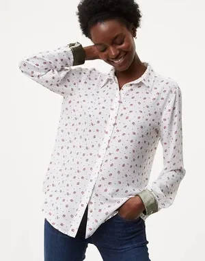 Loft Women's White‎ Red Green Berry Velvet Cuff Button Blouse Size Small thumbnail 1
