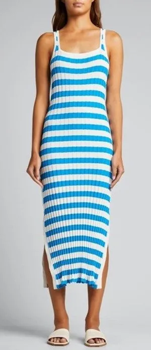 Solid & Striped Womens Ribbed Midi Dress Large Blue White Stripe Resort Beachy thumbnail 1