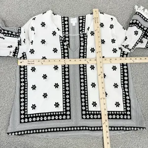 Soho New York & Comp Boho Fringe‎ Hem Floral Popover Shirt White Black Large thumbnail 12