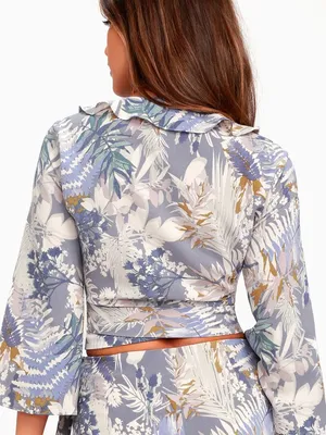 Lulus Tropical Periwinkle Blue Tropical Print Wrap Top - Size Medium thumbnail 3