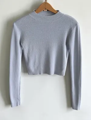 John Galt Light Blue Ribbed Mock Neck Cropped Sweater Long Sleeve‎ One Size thumbnail 1
