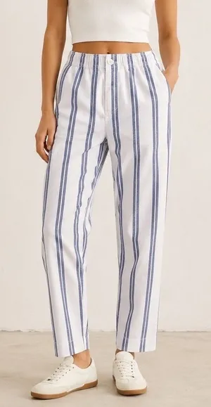 John Galt Striped Trouser‎ Pants Women One Size Blue White Elastic Waist Coastal thumbnail 1