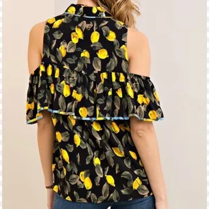 Entro NWT Off White Lemon Print Button Down Open Shoulder Ruffle Top thumbnail 14