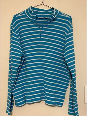Women's L.L. Bean Peaks Island‎ Quarter-Zip Pullover Blue White Stripe Size XL thumbnail 1