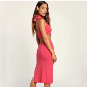 Lulus‎ Halter Neck Cutout Midi Dress Bright Pink Vacation Cocktail Party Size XS thumbnail 7