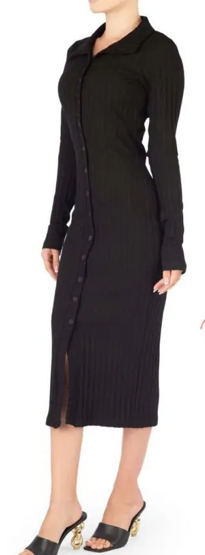 Good American Black Ribbed Button Front Long Sleeve Midi Dress 2 thumbnail 1