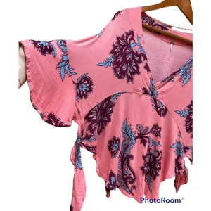 Free People Maui Wowie Pink Paisley Boho Top XS Oversized Flowing Side Ties thumbnail 10