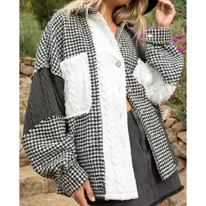 POL Houndstooth Sweater Shacket Black & Cream Oversized Patchwork Shirt Jacket S thumbnail 7