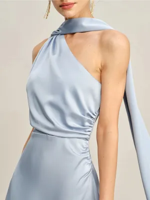 RIHOAS One-Shoulder Satin Mini Dress in Light Blue with Draped Scarf thumbnail 5