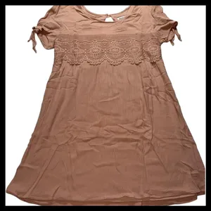 Almost Famous Lace Trim Babydoll Dress Women L Pink Short Sleeve Boho Mini thumbnail 1