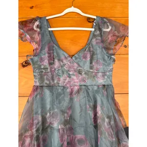 NWT Lulus Mesmerizing Mood Slate Floral Organza Ruffled A-Line Midi Dress Sz XL thumbnail 5