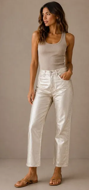 Zara Women Jeans Size 2 Silver The Boy Boy Fit Metallic Straight Leg Denim thumbnail 1