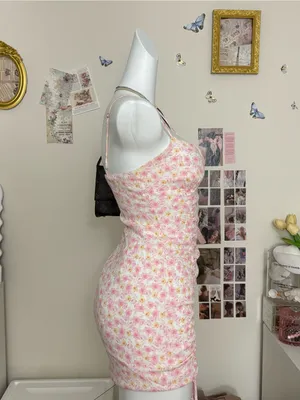 Cotton Candy Pink & Yellow Floral Ruched Spaghetti-Strap Mini Dress thumbnail 3