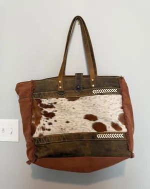Myra Bag Cowhide Leather Canvas Tote Bag Western Boho Brown Large Shoulder Bag thumbnail 1