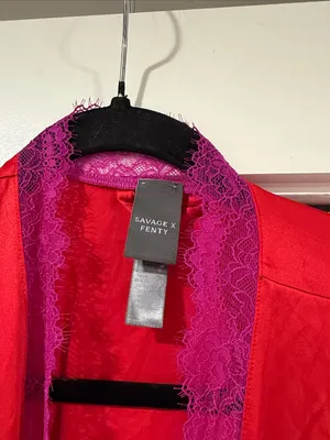 Savage‎ X Fenty Timeless Red Satin Robe with Purple Lace Trim large thumbnail 5