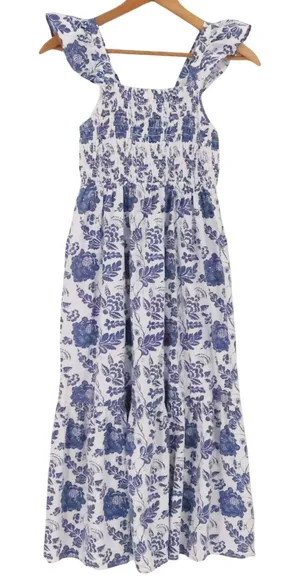 THML Floral Smocked Midi Dress Womens Size XS Blue White Ruffle Tiered Smocked thumbnail 1