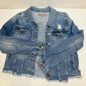 Just USA Boutique Women Distressed Blue Staircase Hem Jean Jacket Button Up-Med thumbnail 8