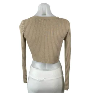 Oak + Fort Tan Ribbed Knit V Neck Long Sleeve Crop Button Up Cardigan Sweater XS thumbnail 3