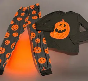 Women's Black Pumpkin Pajama Set with Orange Print thumbnail 1