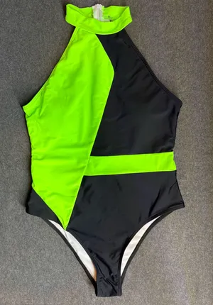 Black & Neon Green Colorblock One-Piece Swimsuit Size L thumbnail 1