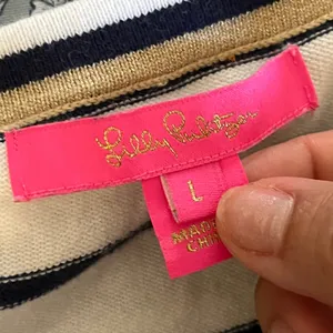 Lilly Pulitzer Perelle‎ Off Shoulder Stripe Ruffle Sweater Top Navy Gold Large thumbnail 4
