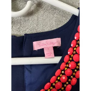 Lilly Pulitzer Bennett Dress Navy Blue‎ Pink Beaded Trim Shift Classic Preppy 2 thumbnail 5