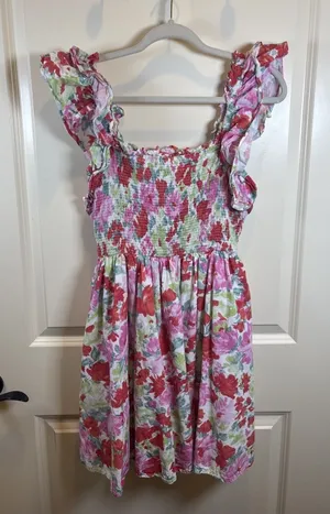Entro Floral Smocked Mini Dress | Pink Ruffle Flutter‎ Sleeve Square Neck Large thumbnail 1