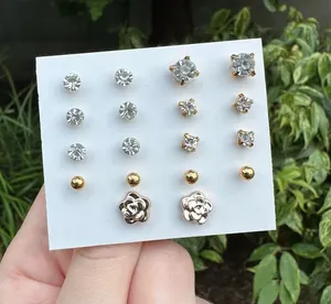 9 Pairs Gold faux Diamond Stud Earrings Bundle thumbnail 1
