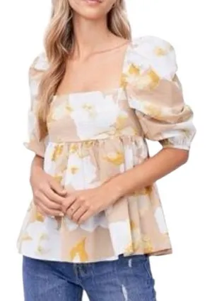 En Saison Floral Puff Sleeve Blouse Tan White NWT Medium‎ Smocked Babydoll thumbnail 1