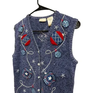 Bobbie Brooks Blue Knit Vest‎ Christmas Ornaments Applique V-Neck Size Small thumbnail 2