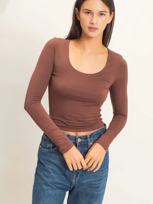 NEW Double Zero Chocolate Brown Scoop Neck Long Sleeve Tee – Large thumbnail 3