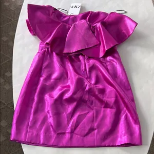 NWT Zara Metallic Pink Strapless Ruffle Mini Dress Sz Large thumbnail 5
