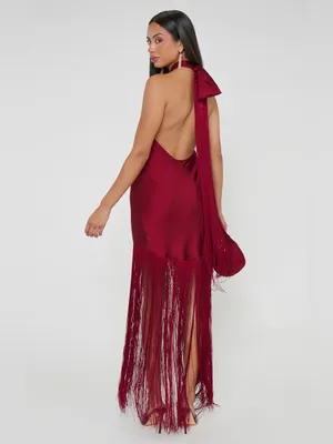 Show Me Your Mumu Jasmine Fringe Maxi Dress size Small S Cranberry Luxe Satin thumbnail 4