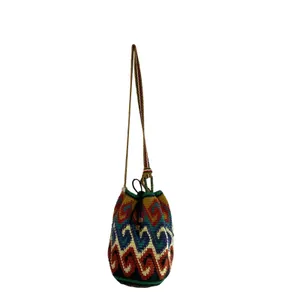 Boho Multicolor Woven Bucket Bag Crossbody Drawstring Ethnic Artisan Style Pink thumbnail 2