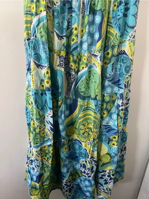 Y2K Tropical Strapless Blue Green Smocked Midi Dress Large 100% Cotton Resort thumbnail 7