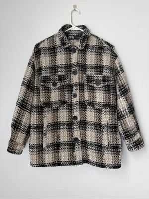 Zara Plaid Oversized Shirt Jacket Black Tan Shacket Tweed Oversized Size Medium thumbnail 2