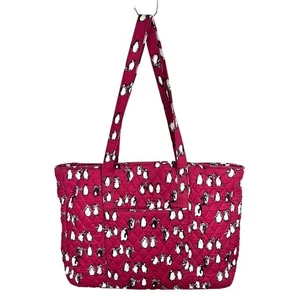 Vera Bradley‎ Quilted Playful Penguins Turnlock Tote Bag Crimson Red Retired thumbnail 3