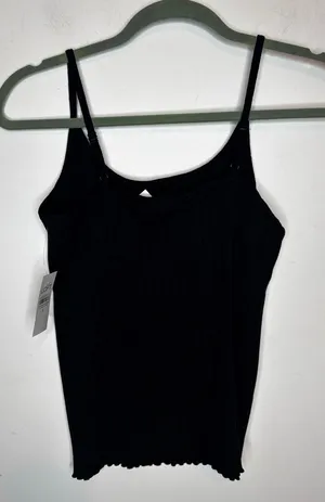NWT LOFT Black Ribbed Lettuce Hem Cami Spaghetti Strap Tank Top Women Size S thumbnail 1