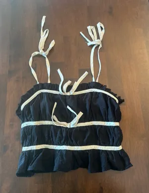 Thirty Thirty LA Crop Top Ruffle Bow Ties Black Cream Coquette Y2K Women's XS thumbnail 1
