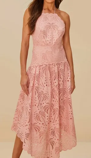 Farm Rio Blush Pink Palm Tree Eyelet Midi Dress in Pink thumbnail 1