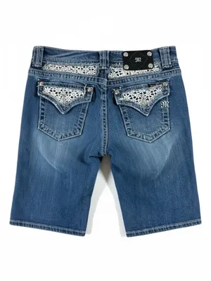 Miss Me Medium Wash Embellished Bermuda Shorts Crochet Studded Size 29 thumbnail 2