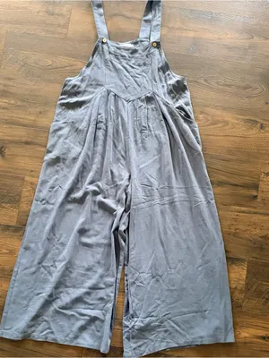 ANRABESS Medium Slate Blue Linen Blend Sleeveless Wide Leg Overalls Jumpsuit thumbnail 3