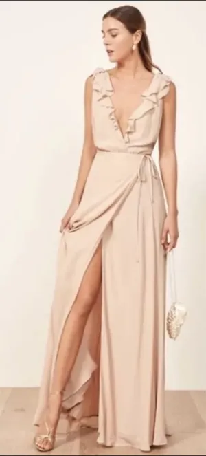 REFORMATION Women's Peppermint Ruffle Wrap Maxi Dress Champagne‎ Size Large thumbnail 1