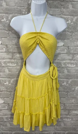 HYFVE Yellow Cutout Halter Tiered Mini Dress thumbnail 1