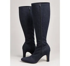 Knee High dark navy denim heeled boots Blue Size 8.5 thumbnail 5