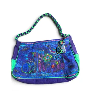 Laurel Burch Shoulder Bag Cats Dogs Purple Green Canvas Art Purse Vintage thumbnail 5