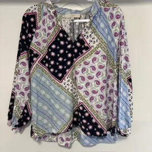 LOFT Womens L Linen Blend Patchwork Paisley Blouse Boho 3/4 Raglan Sleeve Top thumbnail 2