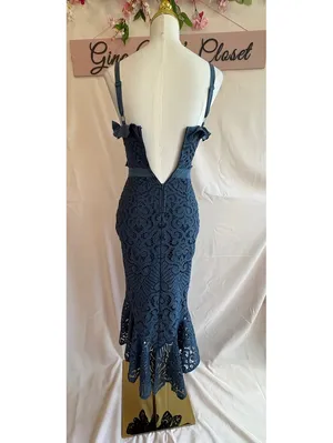 Lady Black Tie Navy Blue Lace Ruffle Detail Midi Dress Size 2 thumbnail 3